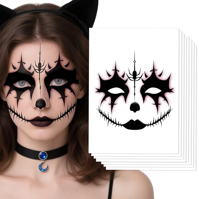 Halloween Face Tattoo Stickers, Spooky Temporary Tattoo Decals, Face Tattoos,Halloween Makeup Sticker Tattoos,Halloween Face Tattoo Sticker Art for Women Adults Kids 8Pcs