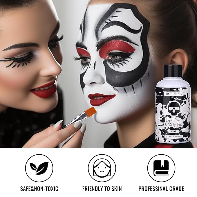 BOBISUKA Black Face Body Paint Liquid Texture Washable Non Toxic Facepaint Fast Drying Foundation Makeup for Halloween Clown Skeleton Skull Cosplay SFX Costume Party Large Capacity(130ml)