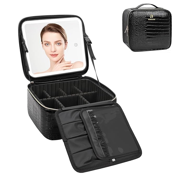 Relavel Makeup Train Case With LED Mirror, Professional Travel Cosmetic Bag with Removable Partitions,Compact Makeup Organizer, Waterproof Toiletry Case for Women, Black