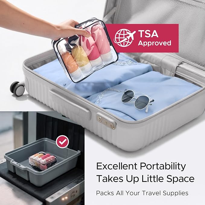 23 Pack TSA Approved Travel Bottles for Toiletries, Leak Proof Refillable Travel Size Containers Kit with Silicone Squeezable Bottles Jars for Shampoo Lotion Conditioner, in Clear Bag, Pink