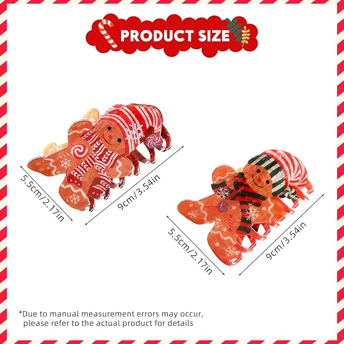 2Pcs Christmas Hair Clips for Women - Cute Funny Gingerbread Doll Hair Claw Clips Christmas Claw Clip Non-Slip Hair Claw for Thick Hair and Thin Hair Winter Xmas Party Hair Decoration Supplies