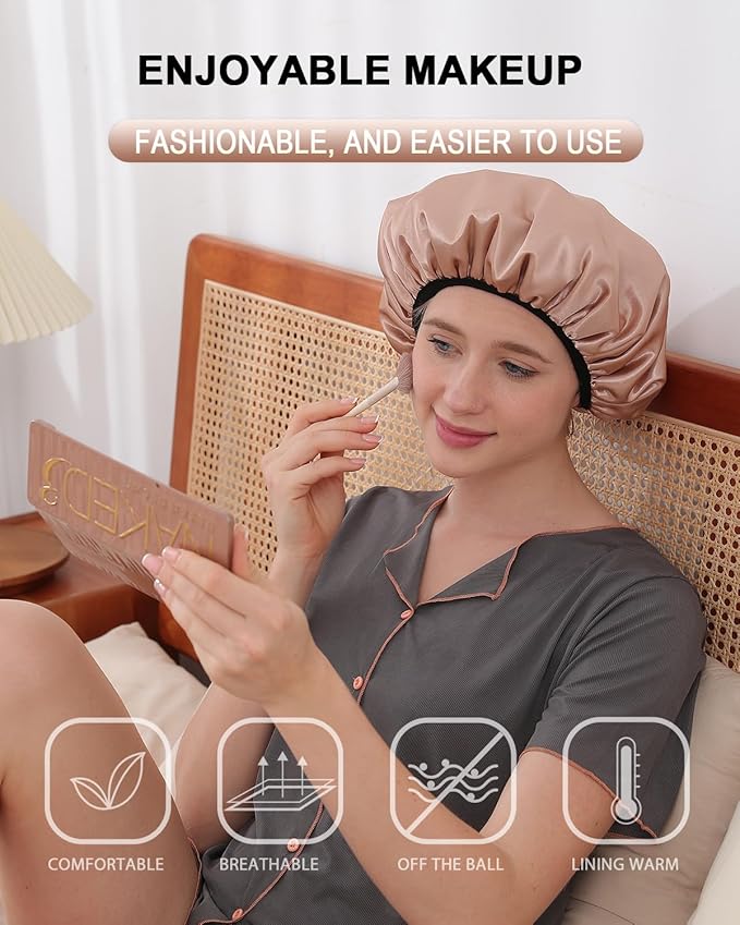 YIZIJIZI Triple Layer Reusable Waterproof Shower Cap for Women Large Terry Lined Hair Cap for Long Thick Hair Travel Bath Care khaki