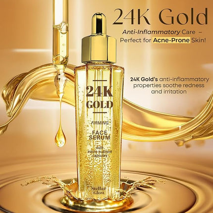 Stellar Glow 24K Gold & Hyaluronic Acid Serum For Face - Dermatologist Tested, Anti-Aging Skin Care, Ultra Hydrating for Blemishes, Dry & Acne-Prone Skin - Korean, Vegan, Clean Beauty - 2 FL. Oz