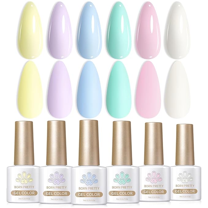Born Pretty Pastel Gel Nail Polish Set Spring Summer Macaron Candy Sweet Color Gel Polish Easter Soft Pink Yellow Purple Blue Green Colors Collection 7ML 6PCS Nail Art Gift Box