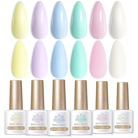 Born Pretty Pastel Gel Nail Polish Set Spring Summer Macaron Candy Sweet Color Gel Polish Easter Soft Pink Yellow Purple Blue Green Colors Collection 7ML 6PCS Nail Art Gift Box