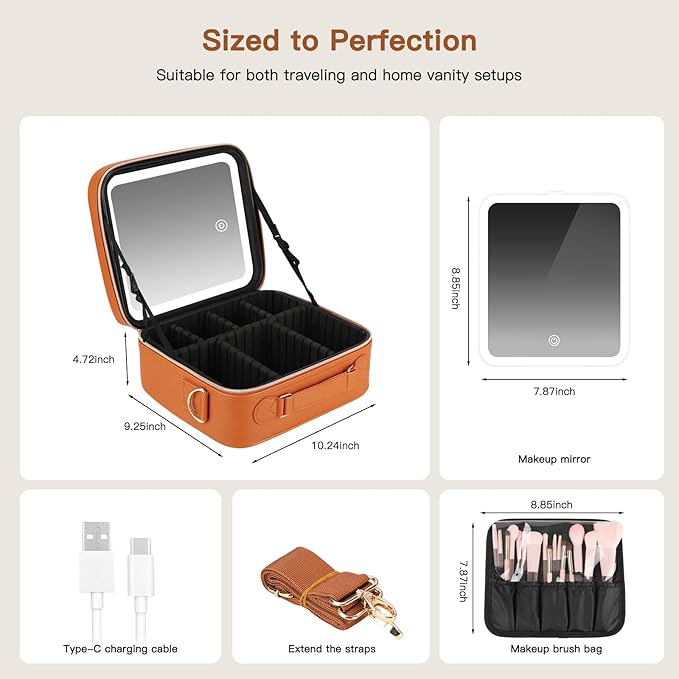 Travel Makeup Bag with LED Mirror, Cosmetic Bags for Women with Light up Mirror, Travel Essentials Makeup Organizer, Makeup Case with Adjustable Dividers and Brush Holder, 3 Color Lights