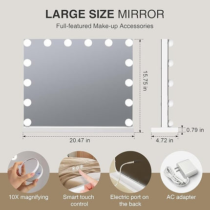 Hollywood Vanity Mirror with 14 LED Bulbs, Professional Lighted Makeup Mirror with Adjustable Brightness & 3 Color Temperatures, Light up Mirror for Bathroom, Dressing Room