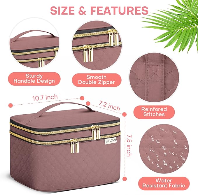 Large Makeup Bag with Mirror Double Layer Travel Make Up Organizer Case, Large Capacity Coemetic Bag with Brush Slot Divider