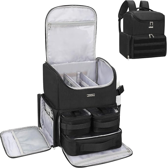 Relavel Makeup Backpack Large Makeup Bag with 3 Clear Set Bags, Dual Layer Professional Cosmetic Organizer Travel Train Case Makeup Artist Kit with Adjustable Dividers & Easy to Clean Lining, Black