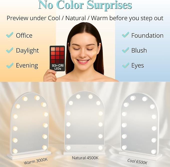 LUXFURNI Hollywood Mirror with Lights Makeup Mirror for Bedroom, Vanity Arched Mirror with 12 Dimmable Bulbs Smart Touch Control 3 Color Lighting Modes