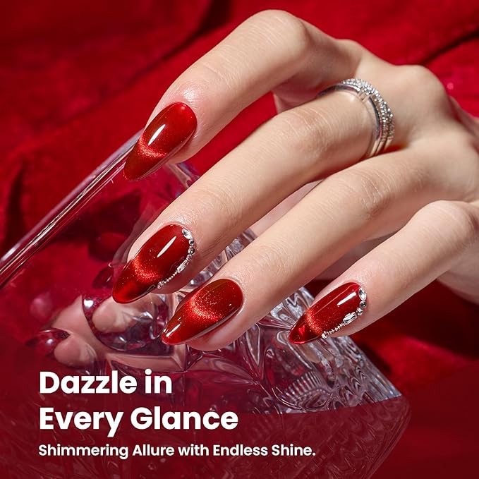 Beetles Red Cat Eye Gel Nail Polish Set - Sultry Burgundy Cat Eye Gel Polish, 6 Colors Burgundy Dark Red Glitter Red Magnetic Fall Gel Polish Kit Soak Off UV Nail Art Salon DIY Manicure Gift for Women