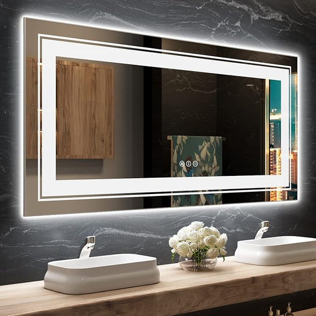 LED Bathroom Mirror, 60"X28" with Front and Backlit, Anti-Fog, Large Bathroom Vanity Mirror for Wall, Memory Function, Stepless Dimmable, Tempered Glass (Horizontal/Vertical)
