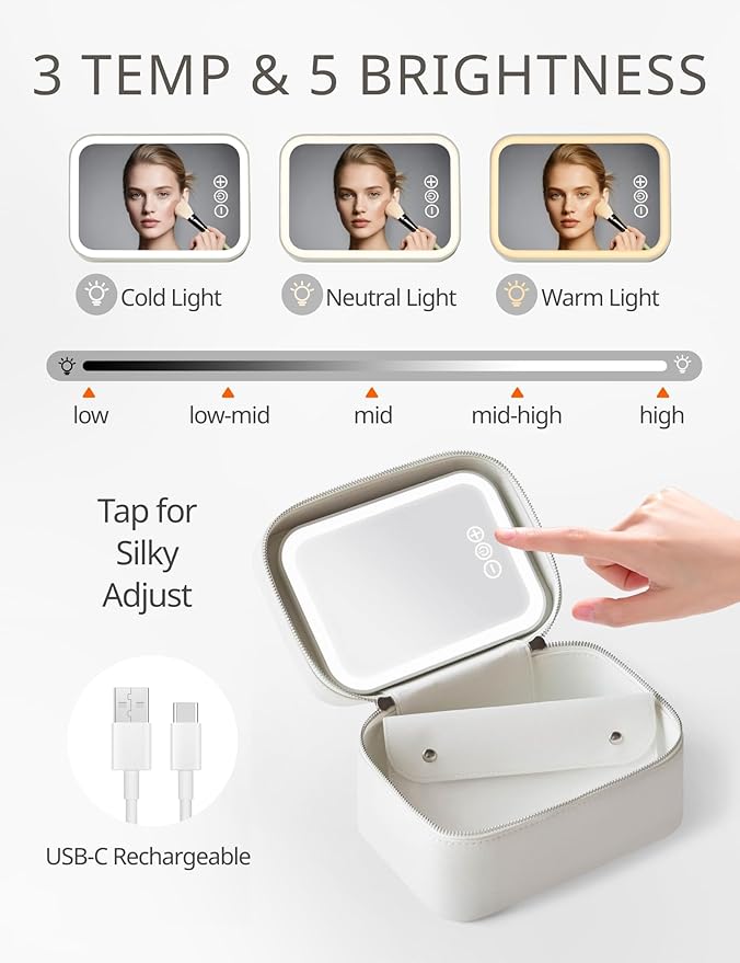 Popvibe Makeup Vanity Bag with Lighted Mirror, Compact Leather Travel Make Up Case with Brush Storage and Handle, White Small Train Case Luxury Cosmetic Case Lighted Up Toiletry Bag for Women, White