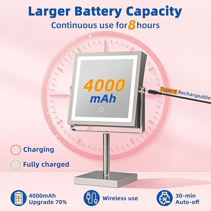 Ruacq Rechargeable Makeup Mirror, 4000mAh Lighted Makeup Mirror with Magnification1X/10X, Height Adjustable Vanity Mirror with Lights, 3 Color Lights, Adjust Brightness, 360°Rotation(Brushed Nickel)