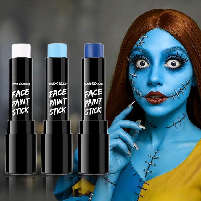 BAD COLOR 3PCS Blue White Light Blue Face Body Paint Stick Makeup for Sally/Corpse Bride SFX Cosplay & Dress Up, Full-Coverage Halloween Facepaint Makeup Kit