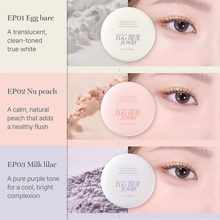 BLACK ROUGE, Egg Blur Powder, EP02 Nu peach, Loose Face Powder, Korean Makeup Oil Control Compact with Puff, Lightweight Long-Lasting Setting Powder in White, Peach & Purple, 0.17oz