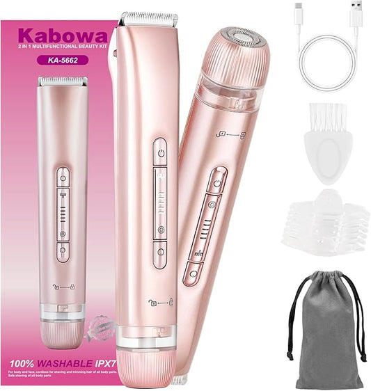 2 in 1 Bikini Trimmer for Women Dual Head Electric Razors IPX7 Waterproof Wet & Dry Use, Electric Shaver for Women Private Area Facial Body Underarm Leg Arm Hair Remover for Pubic Hair