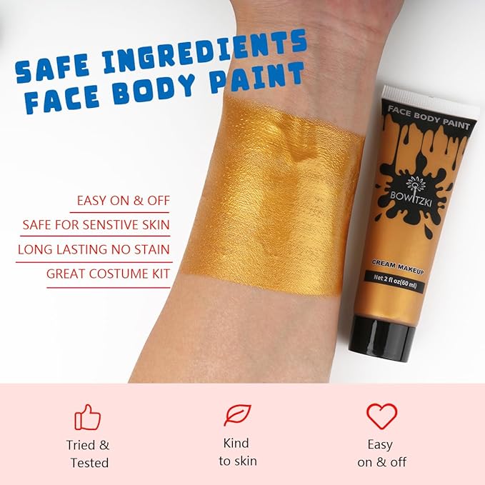 Bowitzki Face and Body Paint 2oz Cream Makeup 60ml Water Based Face Painting Special Effects For Adults Children Kids Halloween Christmas Party Stage Cosplay (Gold)