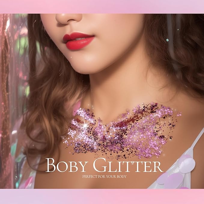 Teenitor Pink Body Glitter, Chunky Face Glitter, Hair Glitter Gel, 80g/2.8oz Pink Festival Cheer Holographic Glitter for Makeup Face Body Hair