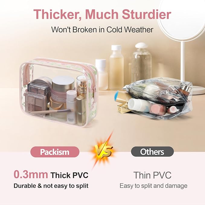 PACKISM TSA Approved Toiletry Bag - Pink Floral Print Clear Travel Bags, Suitable for Gifts, with Supporting Frame, Perfect for Travel Essentials, Thick No Smell