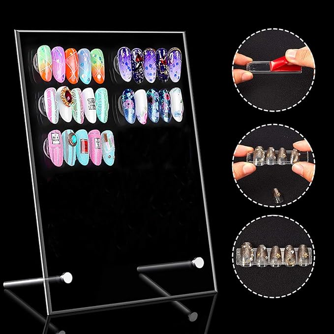 Noverlife 2PCS Transparent Nail Art Display Board, Acrylic False Nail Tips Sample Display, Display Polish Board for Nail Art Design, Professional Salon Nail Color Nail Practice Board - Large & Small