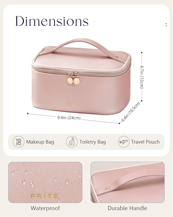 Prite Makeup Bag Portable Cosmetic Organizer with Brush Holder Waterproof Travel Toiletry Bag for Women with Handle and Divider (Pearl Pink)