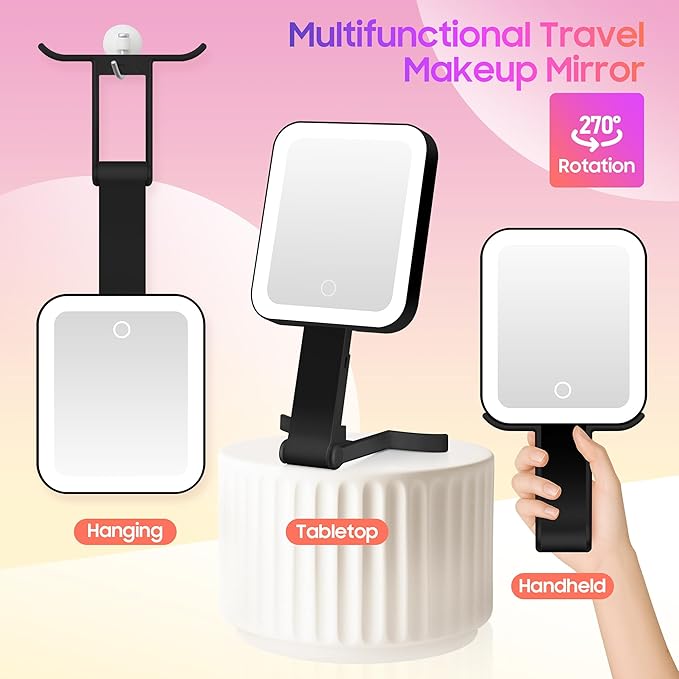 Magnifying Travel Mirror with Light, 30X/1X Double-Sided Magnifying Mirror with 3 Color Lights, Brightness Adjustable, Foldable Handheld Makeup Mirrors Portable for Travel and Desktop Use