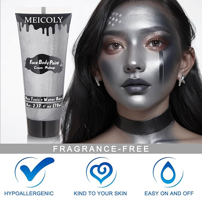 MEICOLY Metallic Silver Face Body Paint for Tin Man Makeup,2.37Oz Large Tube Water Based Full Body Paint for Adults and Kids,Pro Silver Face Paint for Halloween SFX Special Effects Cosplay Makeup