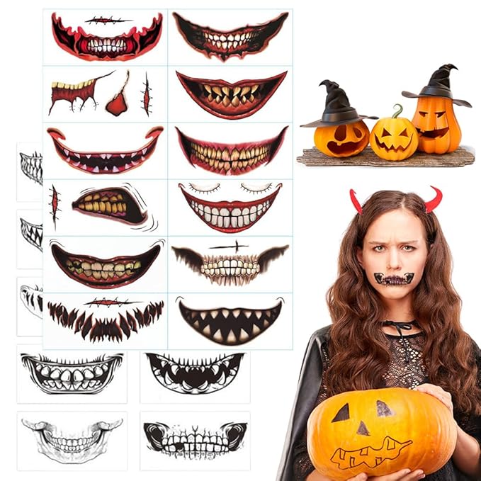 Halloween Prank Makeup Temporary Tattoo, Halloween Face Tattoos Scary Big Mouth Temporary Tattoo for Adults Kids (10+12 Pcs)
