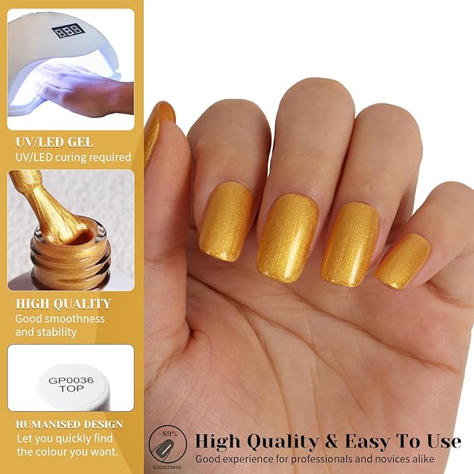 Gold Metallic Glitter Gel Polish,15ml UV/LED Soak Off Sparkly Gold Yellow Chrome Gel Nail Polish Kit for Manicure Salon or DIY Nail Art at Home,Party Holiday Color Gel Gift - GP0089