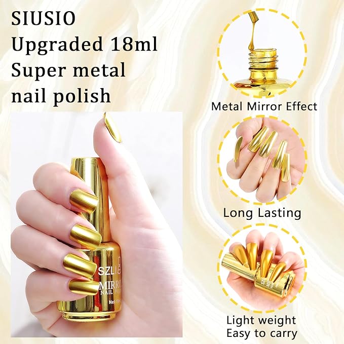 SIUSIO 18ml Mirror Nail Polish, Bright Colorful Metallic for Nail Art, Longlasting Mirror Effect Glue, Gorgeous Reflective Manicure Lacquers, 0.61 fl oz-Gold
