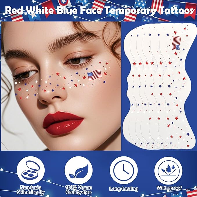 Yosca Independence Day Face Freckles Tattoo, 6Pcs Red White Blue 4th of July Temporary Tattoos for Patriotic Makeup, Waterproof Makeup Patches Fake Freckles for Memorial Day Veterans Day Flag Party