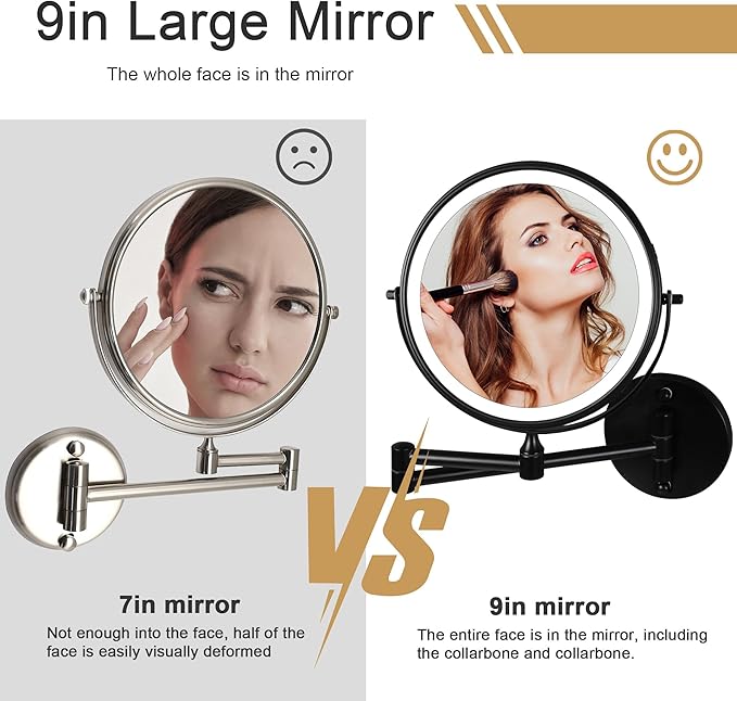 9" Large Black Wall Mount Magnifying Mirror With Light, TUSHENGTU 3000mAh Rechargeable Lighted Makeup Vanity Mirror Wall Mounted Swing Arm,10X/1X Magnifying Vanity Mirror for Bathroom 360°Double Sided