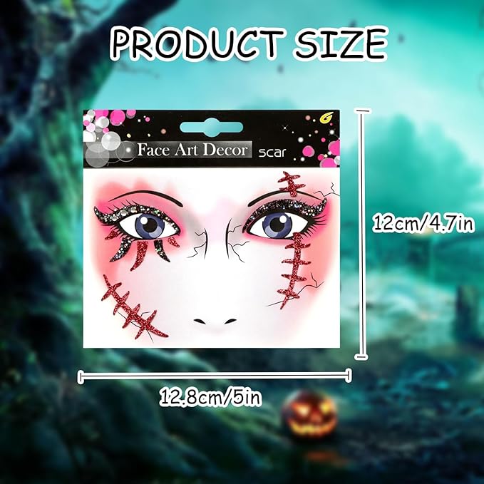 3 Pcs Halloween Face Gems Jewels,Day of the Dead Scar and Blood Stains Rhinestone Face Tattoo Stickers Glitter Rhinestone Face Jewels for Halloween Rave Party Cosplay