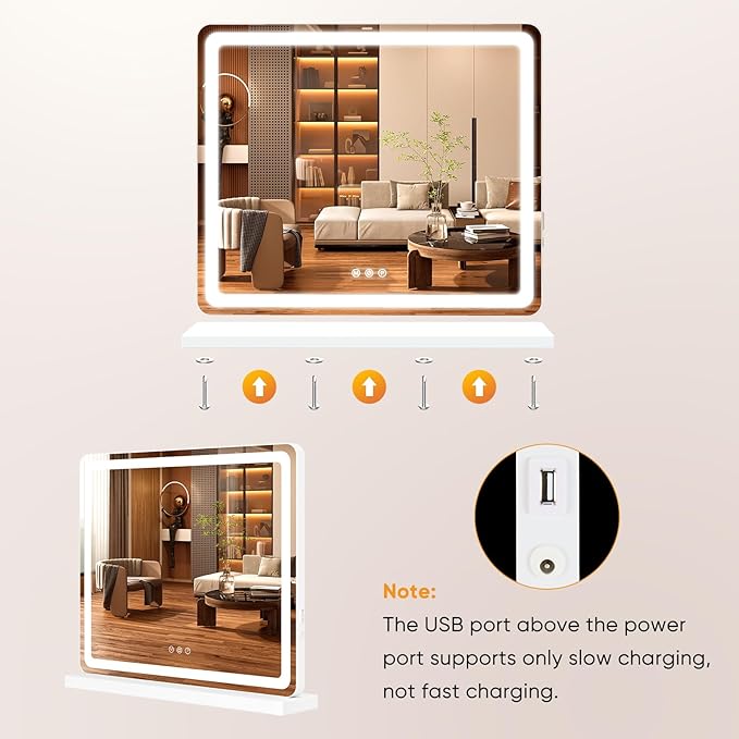 Sweetcrispy 19"x22" LED Vanity Mirror with Lights, Dimmable 3 Color Modes Makeup Mirror with Memory Function, USB Charging, Aluminum Frame, Lighted Mirror for Desk or Bedroom