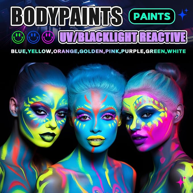 Go Ho UV Blacklight Neon Yellow Face Body Paint,Water Based Bright Color Neon Fluorescent Body Paint with Cushion Applicator,Glow In The Dark Under UV Lighting Party Halloween Makeup Washable
