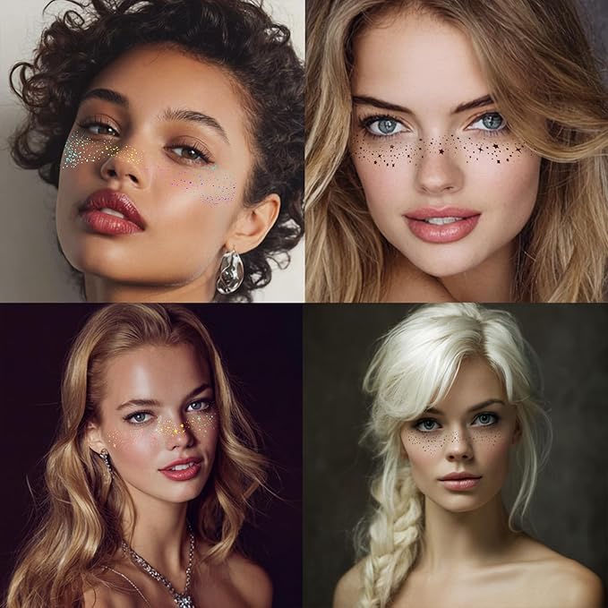 6 pcs Holographic Multicolour Glitter Freckles Face Tattoo, Waterproof Sparkle Face Glitter Speckles Patches for Women, Cute Glitter Temporary Tattoo Makeup Rave Accessories