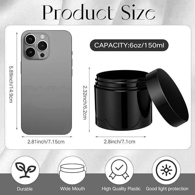 Patelai 4 Pieces Round Wide-mouth Leak Proof Plastic Container Jars with Lids for Travel Storage Makeup Beauty Products Face Creams Oils Salves Ointments DIY Making(6 Ounce,Pure Black)