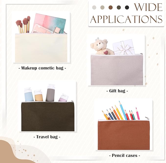 Reginary 10 Pcs Canvas Makeup Bags Bulk for Women Blank DIY Pencil Pouch Travel Toiletry Cosmetics Bags Gift for Christmas Breast Cancer Awareness Thanksgiving Wedding Nurses Teacher(Neutral Color)