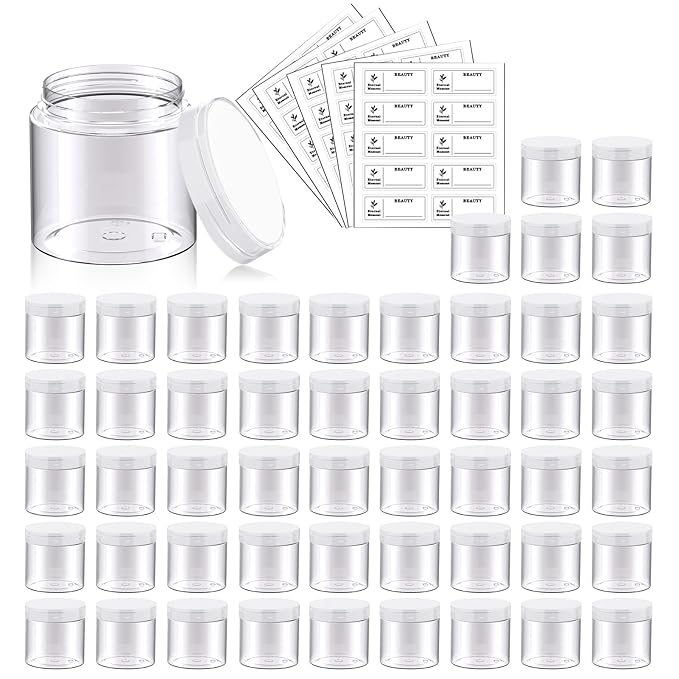 50 Pack 2 OZ Plastic Jars Round Clear Cosmetic Container with Clear Lids, Eternal Moment Slime Jars for Lotion, Cream, Ointments, Makeup, Eye shadow, Rhinestone, Samples, Pot, Travel Storage