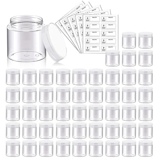 50 Pack 2 OZ Plastic Jars Round Clear Cosmetic Container with Clear Lids, Eternal Moment Slime Jars for Lotion, Cream, Ointments, Makeup, Eye shadow, Rhinestone, Samples, Pot, Travel Storage