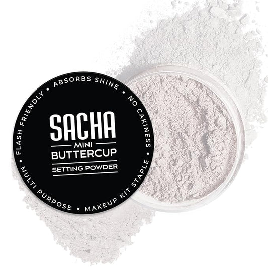 Sacha BUTTERCUP No Color Mini Setting Powder. No Ashy Flashback. Blurs Fine Lines and Pores. Loose, Translucent Face Powder to Set Makeup Foundation or Concealer. For All Skin Tones, 0.35 oz.