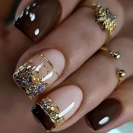 Fall Press on Nails Square Short Brown French Tip Nails Press Ons 24 Pcs Glossy Glitter Designs