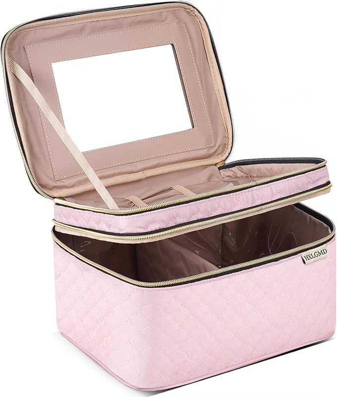 Large Makeup Bag with Mirror Double Layer Travel Make Up Organizer Case, Large Capacity Coemetic with Brush Slot Divider, Travel Toiletry Bag for Women (Pink)