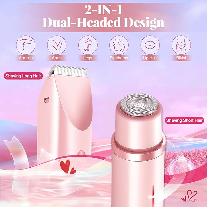 Bikini Trimmer for Women, 2 in 1 Dual Head Painless Electric Razors for Women, Dermave Bikini Shaver, Wet and Dry Waterproof Glow Aura Womens Shaver for Face, Legs, Underarm (Pink)