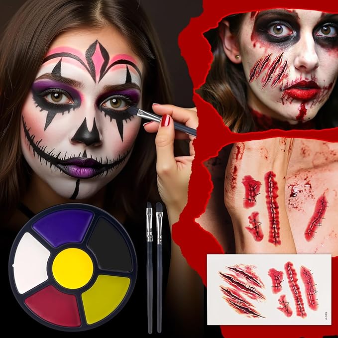Halloween Special Effect Makeup Kit 6 Colors Fake Blood Face Body Painting, Liquid Latex Sfx Makeup with Skin Wax and Scar Stickers, Multiple Accessories for Vampire Zombie and Fake Scar