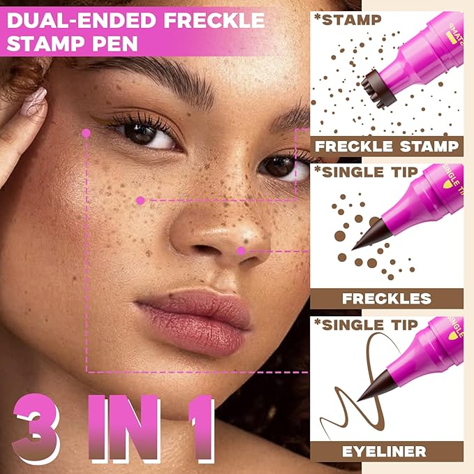 3-in-1 Freckle Pen Stamp & Eyeliner, Dual Ended Liquid Freckles Pencil for Natural Lifelike Faux Freckle, Waterproof Long Lasting Quick Dry, Sunkissed Makeup, 02 Mousy Brown
