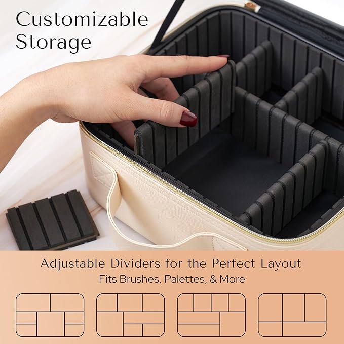 Makeup Bag with LED Mirror – Travel Cosmetic Organizer with Lighted Mirror, Adjustable Dividers & Brush Holder Storage – Portable PU Leather Makeup Case for Women & Girls - Cream