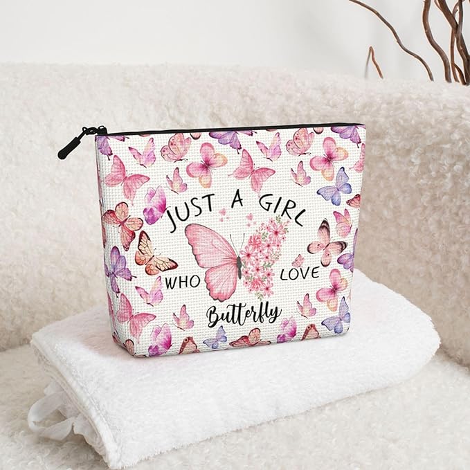 MOLAIGIN Just A Girl Who Love Butterfly Cute Butterflies Cosmetic Bag For Women, Travel Makeup Bag, Toiletry Zipper Bag, Large Capacity Aesthetic Cases