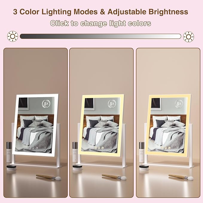 Lighted Makeup Mirror, Hollywood Vanity Mirror with 5X Magnification Mirror, 360°Rotation Touch Control, 3 Color Lighting for Desks Bedroom Dressing Room, Large